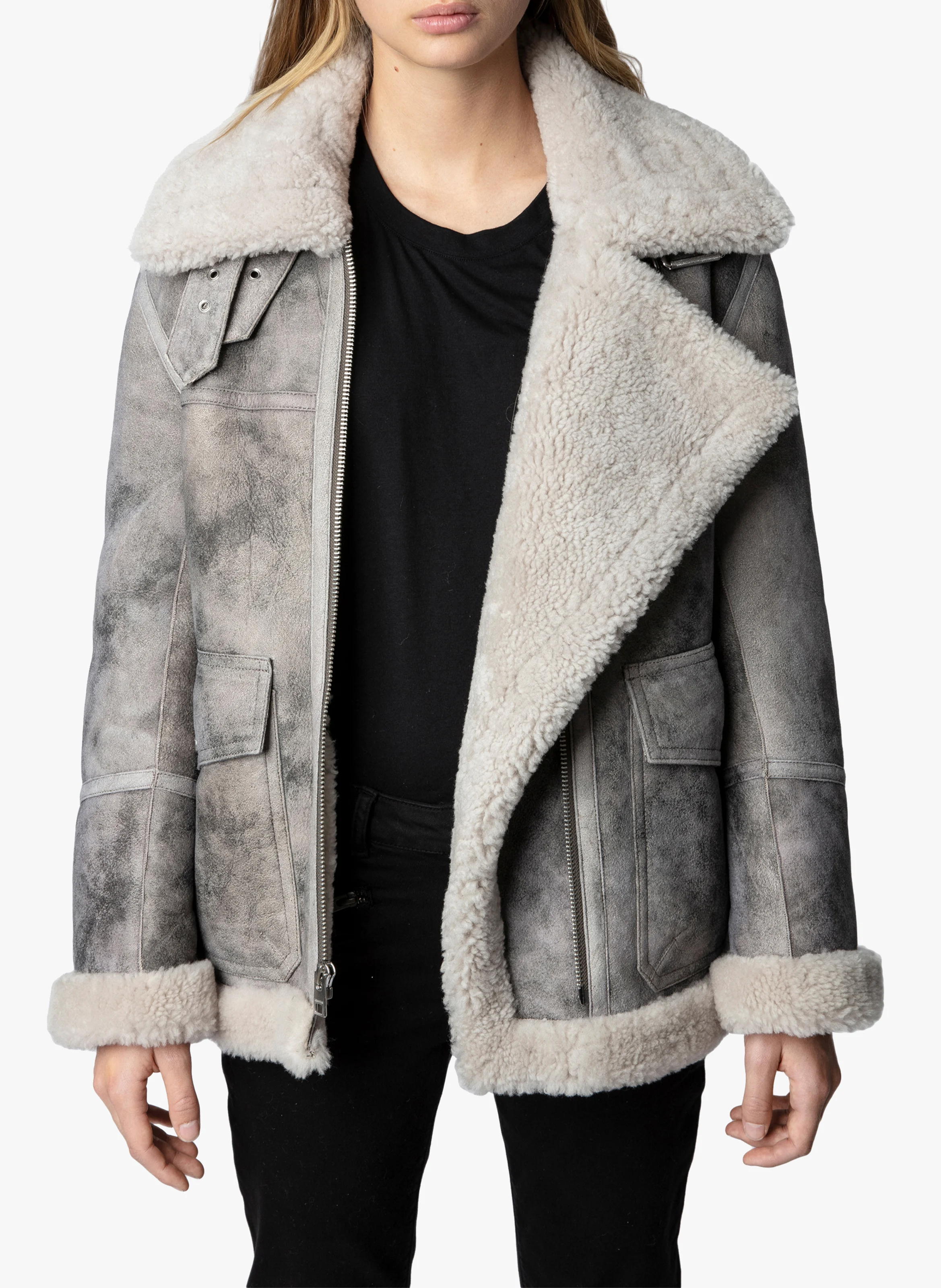 Veste en cuir fourrée | Gris