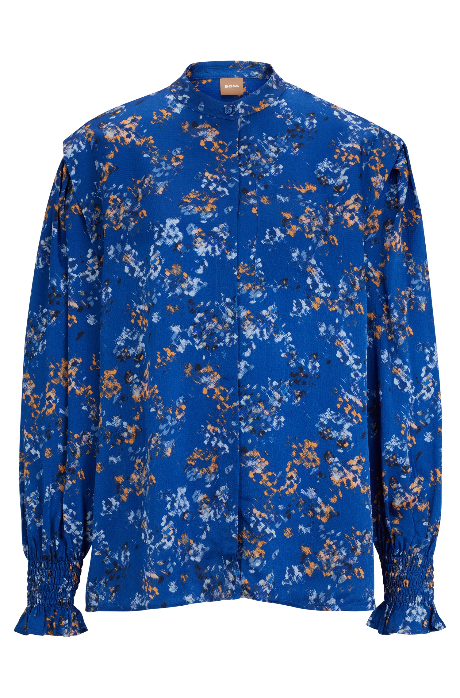 Blusa BOSS preta de corte regular com estampa da estação e fechamento oculto.
