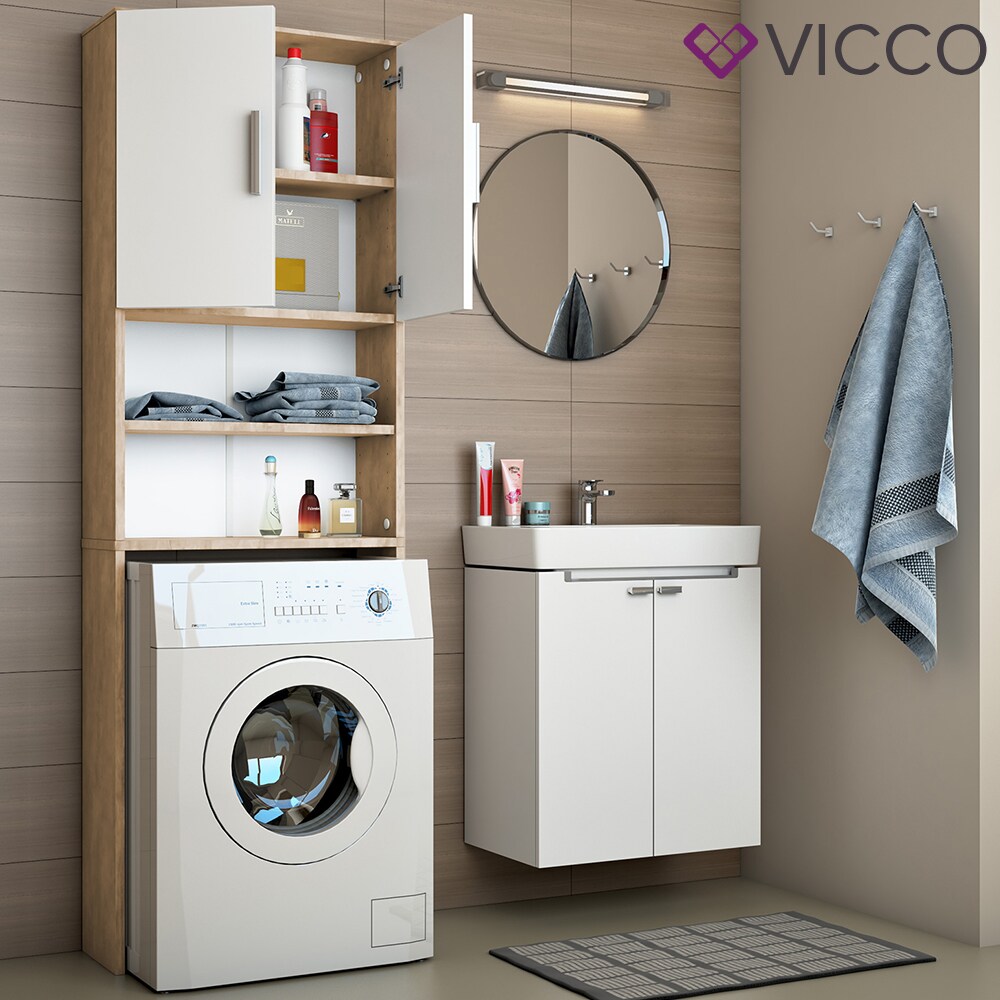 VICCO Waschmaschinenschrank 190 x 64 cm in Weiß Sonoma Badschrank Hochschrank