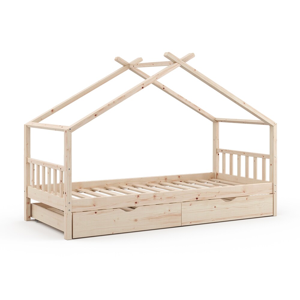 VITALISPA Kinderbett DESIGN Hausbett Gästebett Lattenrost Natur 90x200 Schublade