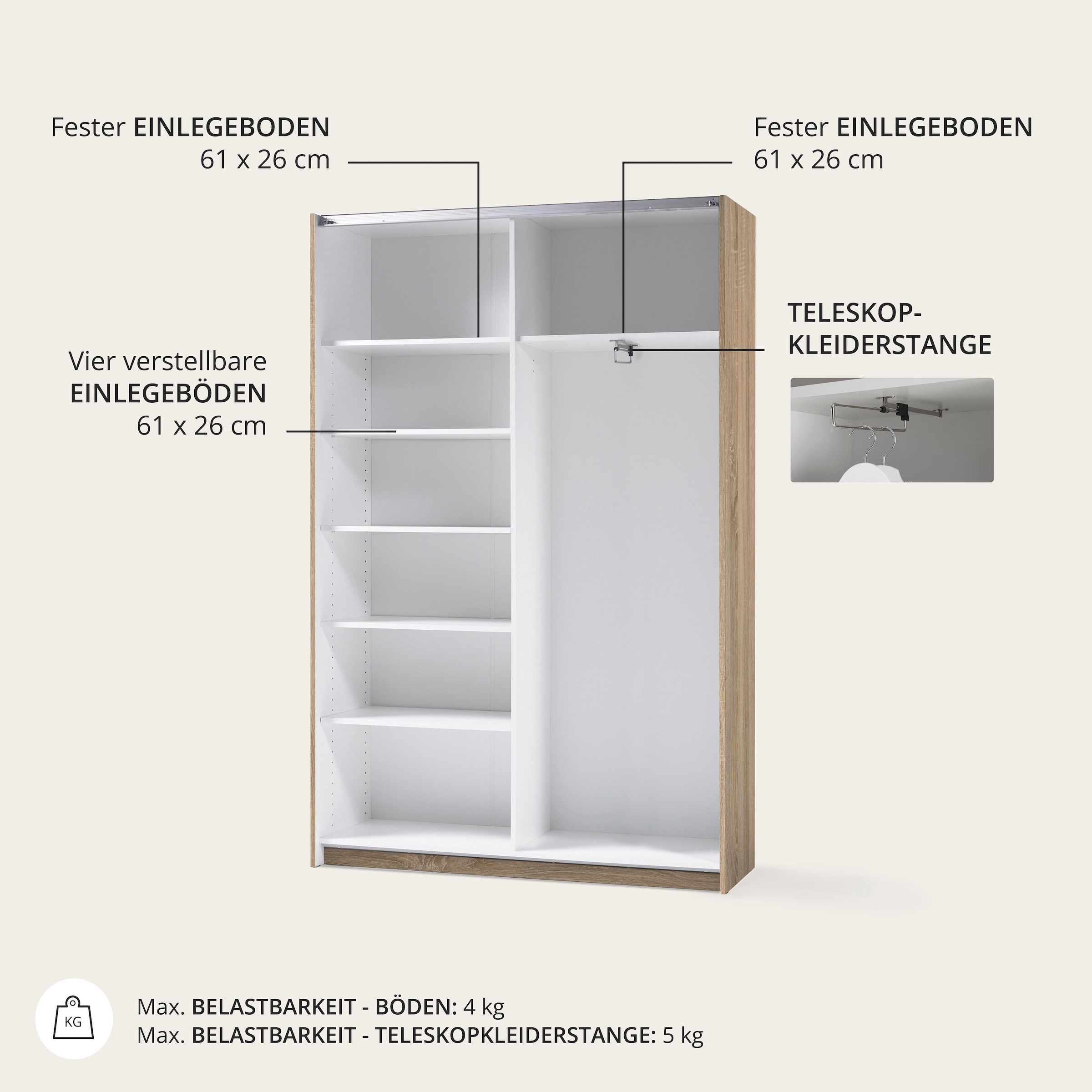 Schlafkontor Schwebetürenschrank »Heimo/Fast Schrank Kleiderschrank Garderobe OTTO´s CHOICE« geringe Tiefe, ausziehbarer Kleiderstange, Garderobenschrank, 6 Böden
