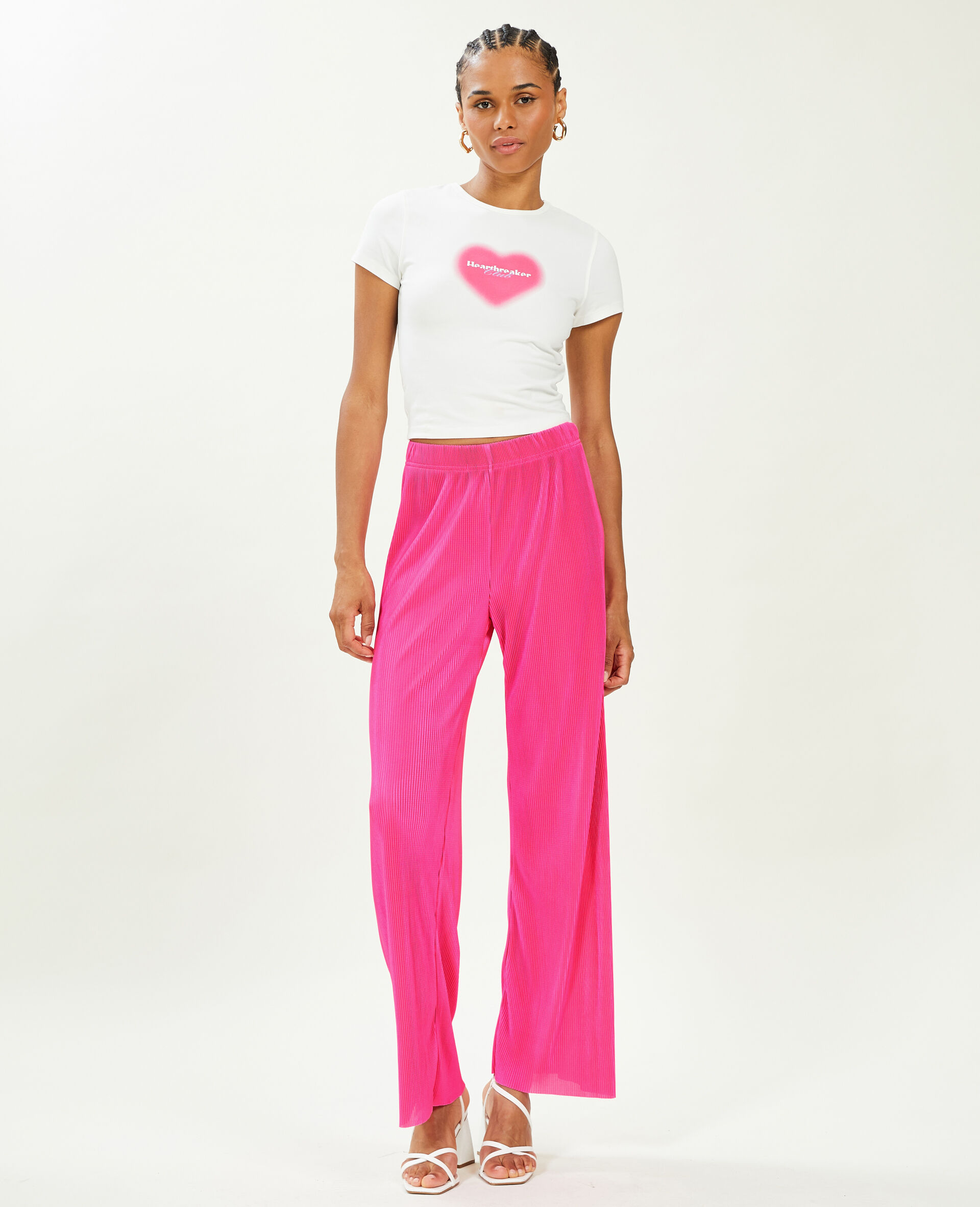Pantalon large maille plissée - Rose fuchsia