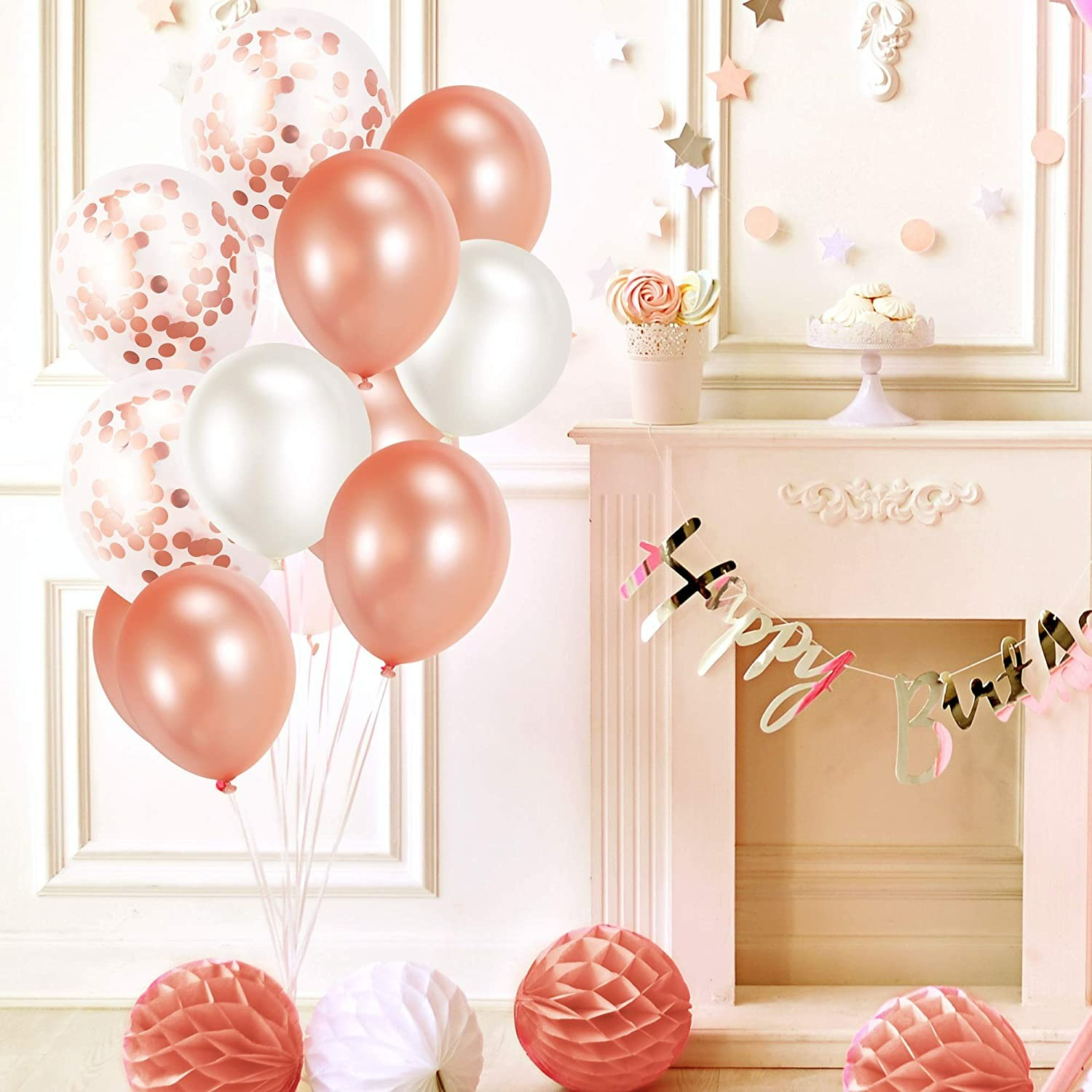 (70er Set) Party Deko Ballons Latex Luftballons mit Konfetti - Roségold / Weiss