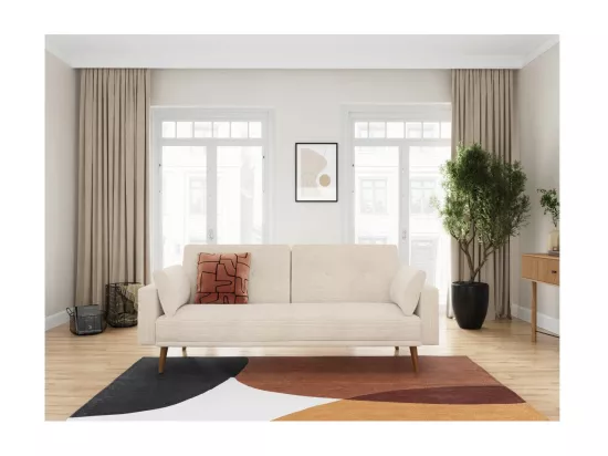 Canapé droit scandinave Elga convertible 3 places en velours côtelé - Beige - L205 x P85 x H87cm - Loungitude