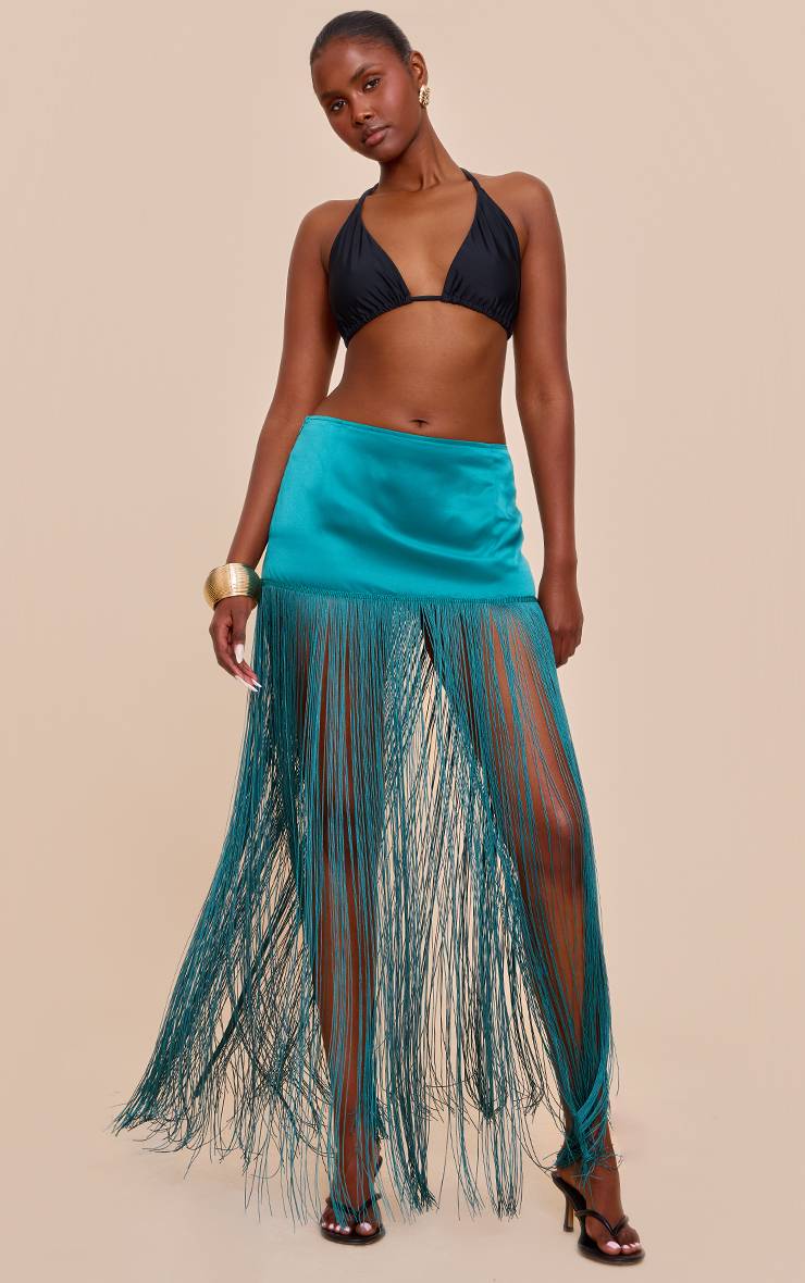Vert Turquoise Mini-jupe En Satin À Franges Extrêmes