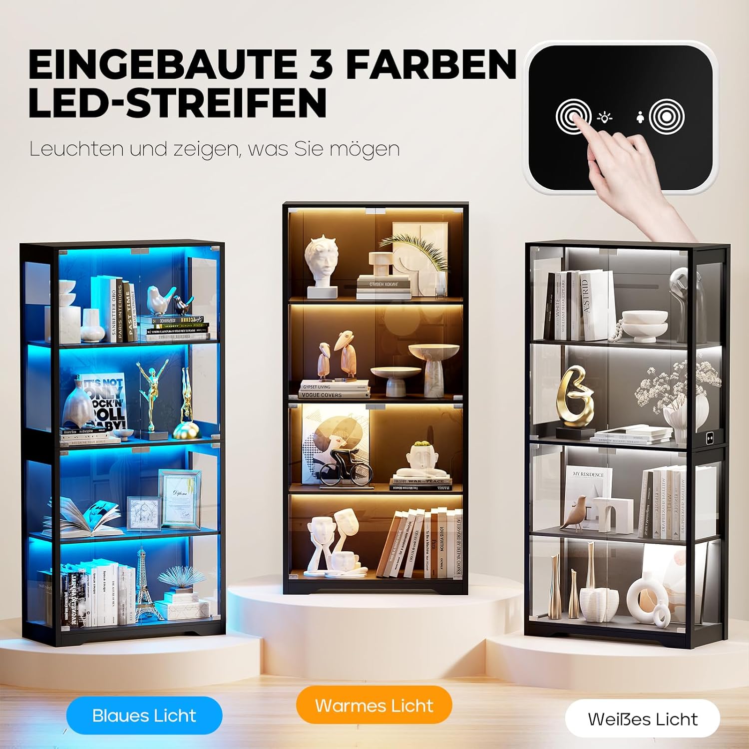 Vitrine mit LED Beleuchtung und Glastüren, Sammlervitrine, Vitrinenschrank mit Intelligente Sensorik, 4-Lagen Glasvitrine Staubdicht für Wohnzimmer Schlafzimmer Büro, Schwarz
