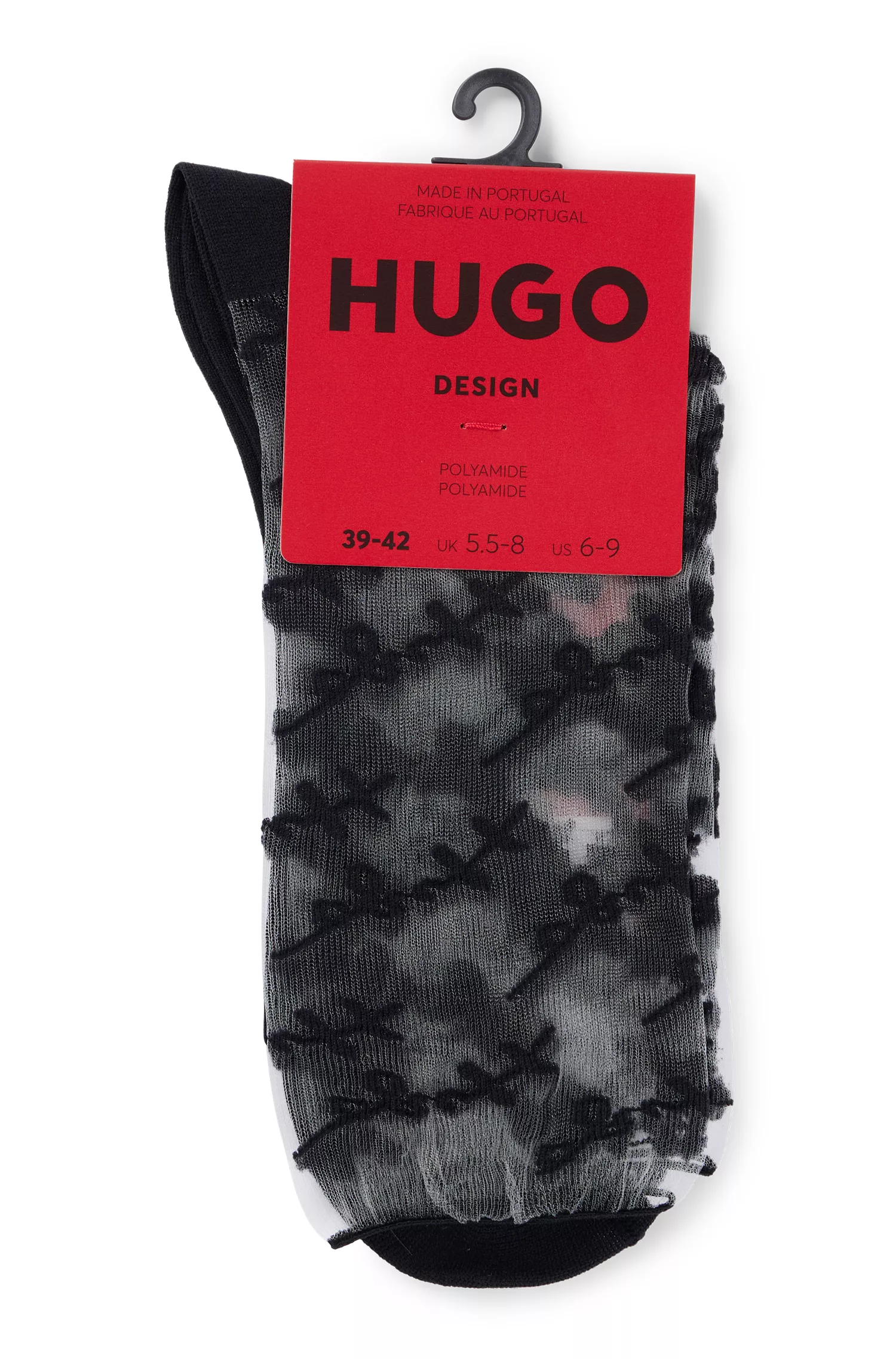 Meias HUGO vermelhas, transparentes, de comprimento regular, com logotipos escritos à mão.