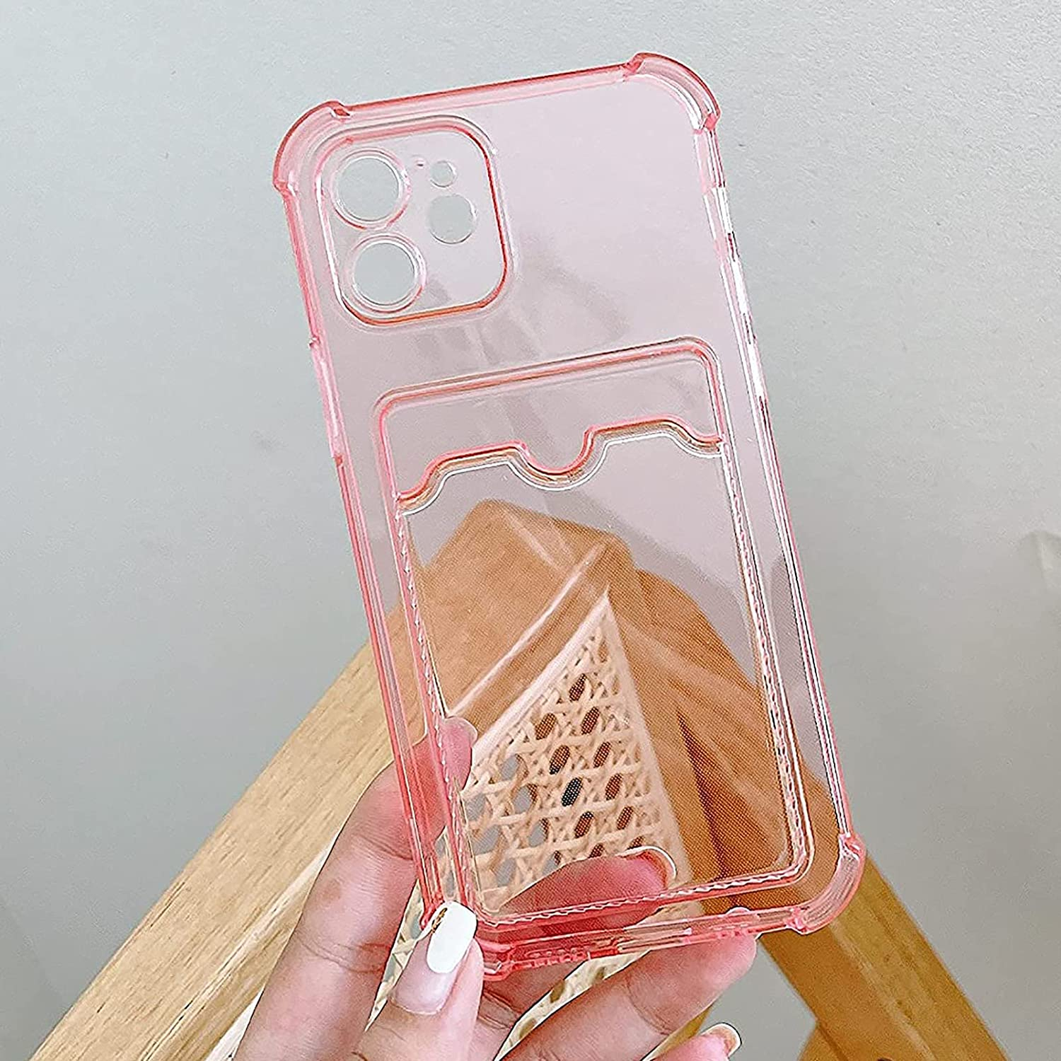 iPhone 12 Gummi Case Hülle mit Kartenfach   Air Cushion Fallschutz - Pink / Transparent