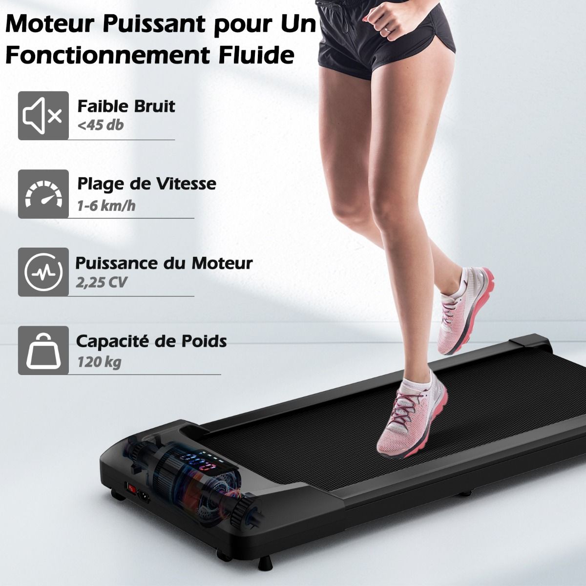 Tapis de Course Mince Tapis de Jogging avec Capacité de 120 Kg Télécommande et Écran Led Inclinable à Roulettes Tapis de Course à Glisser Gris/Noir/Rose - Lidl-Manfred