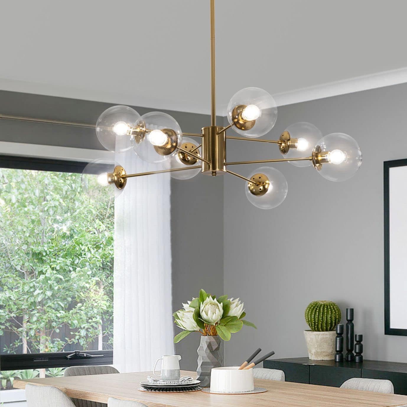 KCO Lighting Modern Sputnik Kronleuchter 8-Licht Klarglas Globus Deckenleuchte Mid Century Messing Unterputzleuchte Küche Island