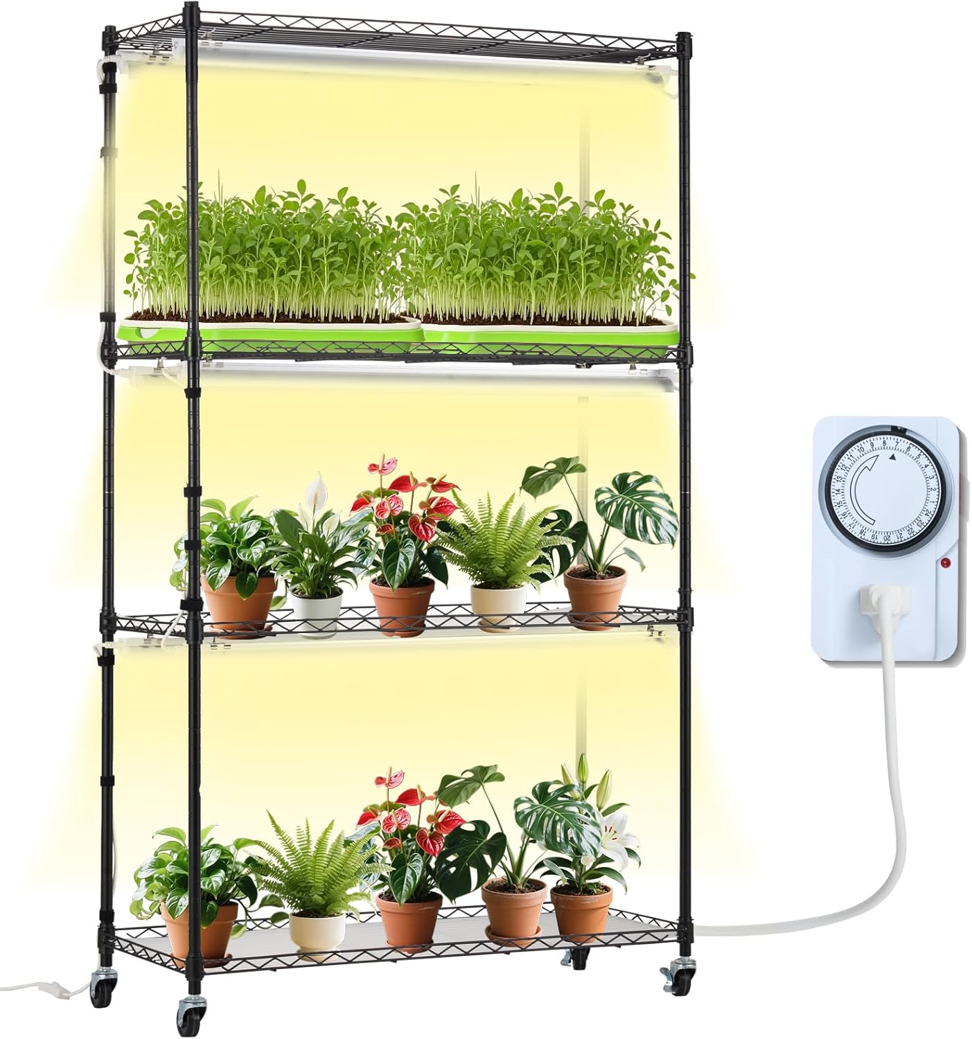 VEVOR Pflanzenständer mit Wachstumslicht, 4 Ebenen, 180W, Regal für Wachstumslicht im Innenbereich, 3 Lichtspektrum-Modi, Metall-Pflanzenregal mit Timer, Wachstumsregal für Gartenpflanzen, 90x35x150cm