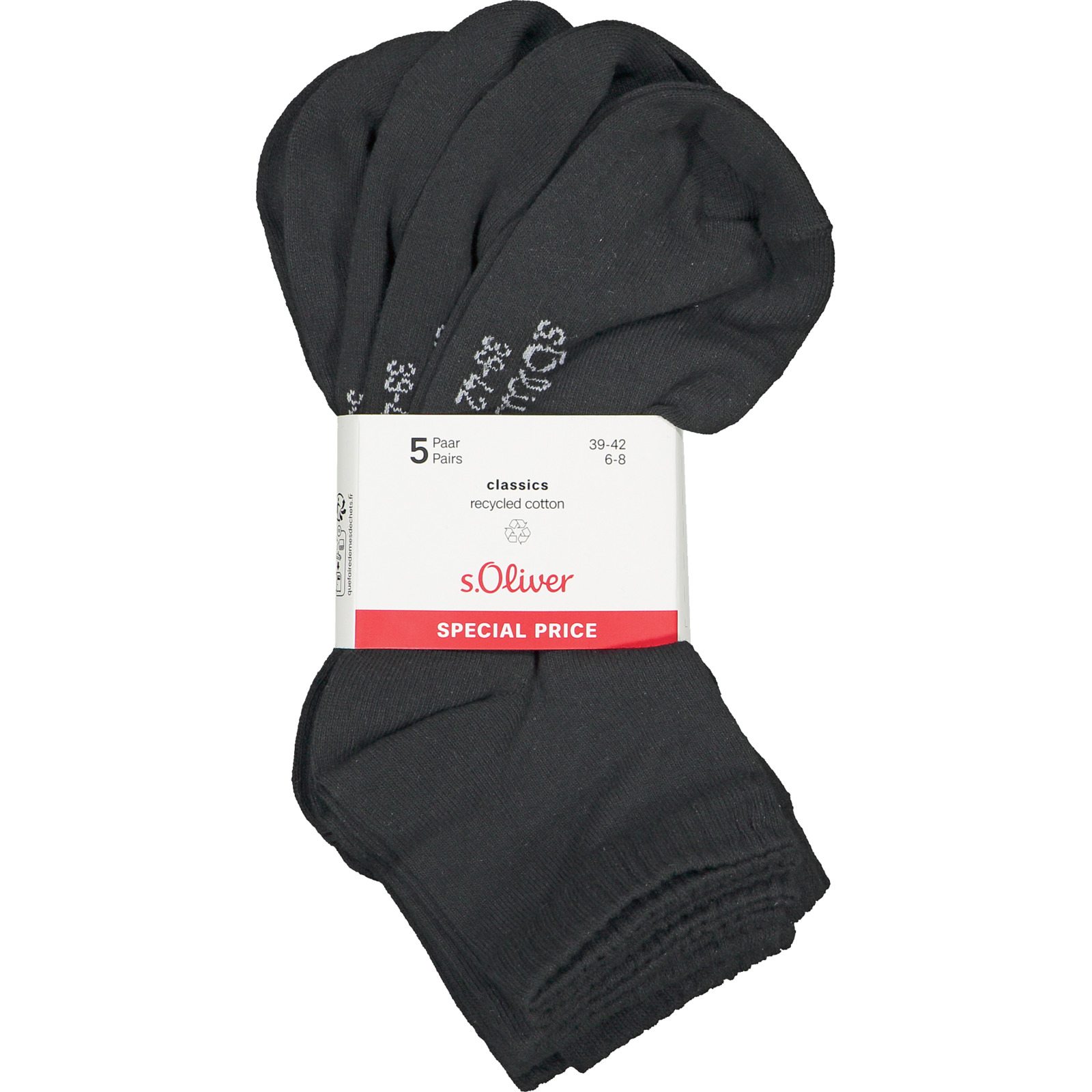 S.Oliver Damen-Quartersocken uni, 5 Paar 35-38, schwarz