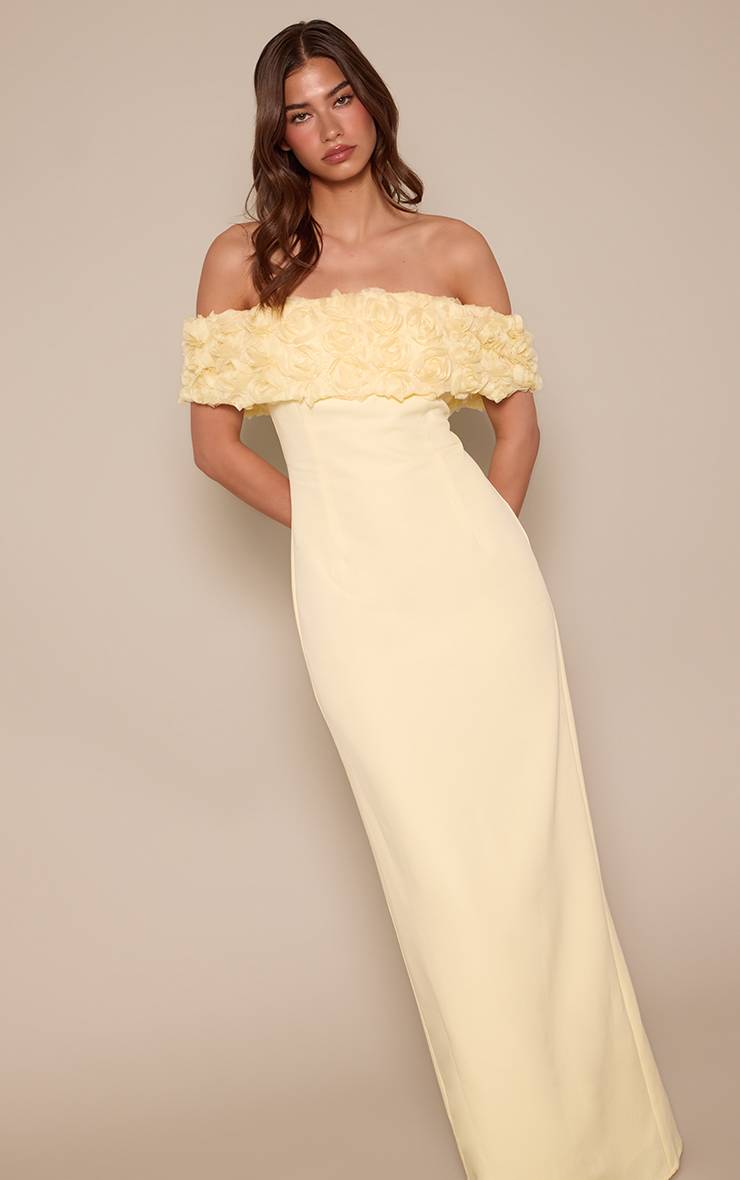 Citron Robe Maxi À Volant Sirène Avec Encolure Bardot Fleurie