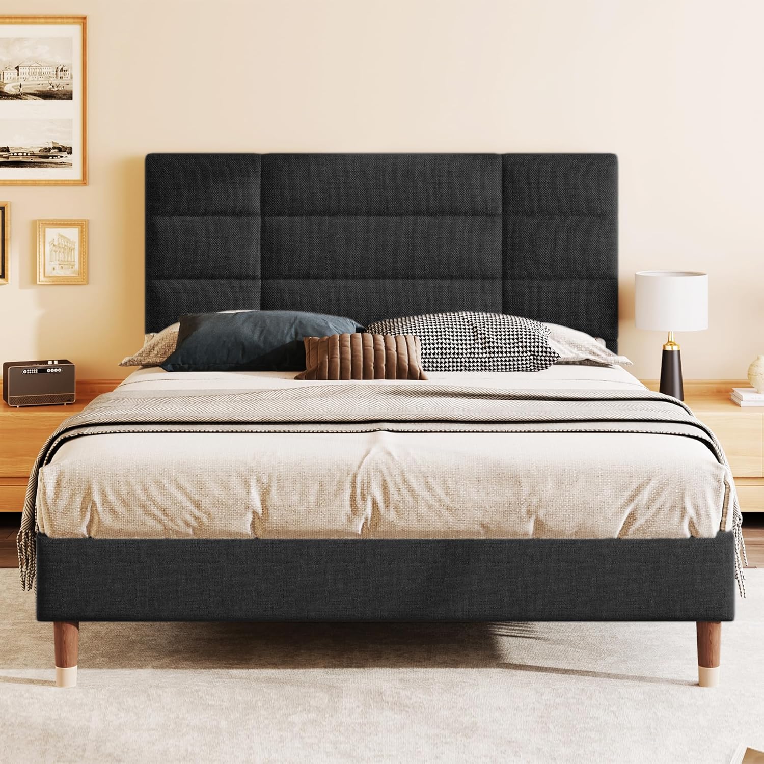 Merax Polsterbett 140x200 cm, Doppelbett, Bett mit Bettkasten Lattenrost, Gepolstertes Bettgestell mit Kopfteil, in Schwarz Leinen, für Erwachsene&Jugendliche(Matratze Nicht enthalten) PC9597831