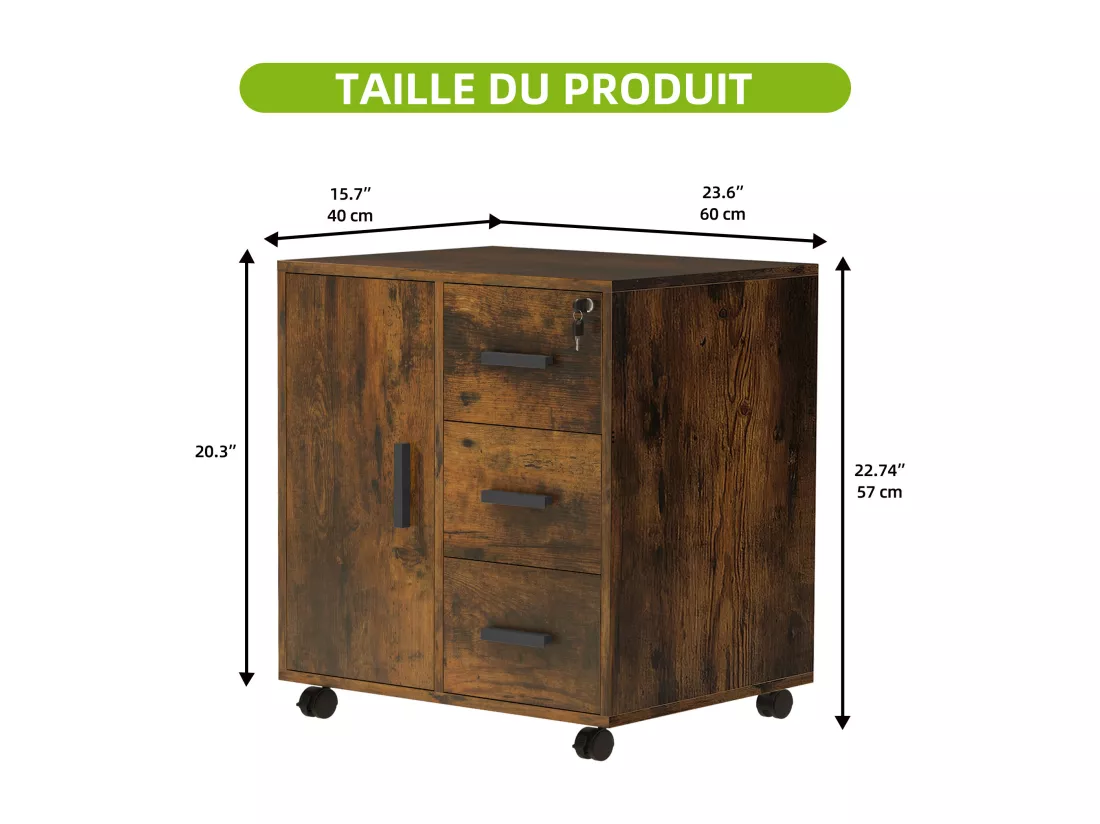 YITAHOME Meuble Rangement Bureau, Caisson 3 Tiroirs Une Porte, Support d'imprimante sur 4 Roulettes Mobile, Marron Rustique