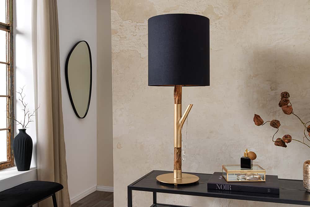 Tischlampe JEWELRY 75cm schwarz gold natur Eisenholz Massivholz