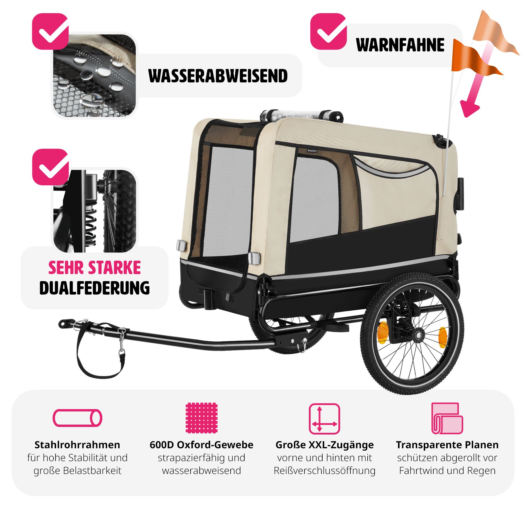 tectake® Hundeanhänger, 3in1 multifunktional, gefedert, Belastbarkeit 40 kg, 240 Liter, inklusive Reflektoren, Leine und Warnfahne