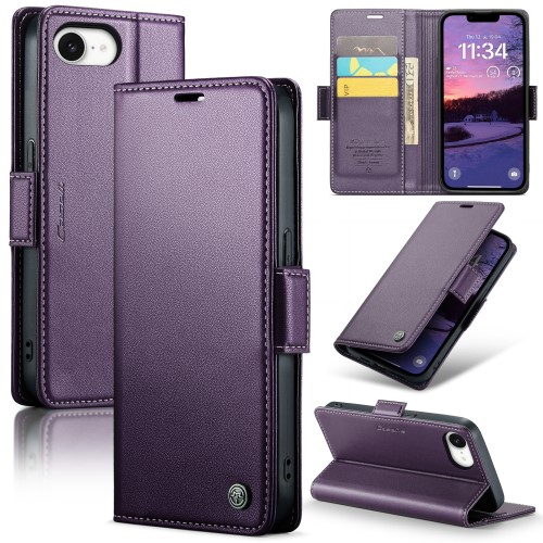 iPhone 16e Leder Tasche Flip Wallet Etui mit Kartenfächern Litchi Look (RFID Schutz) - Lila