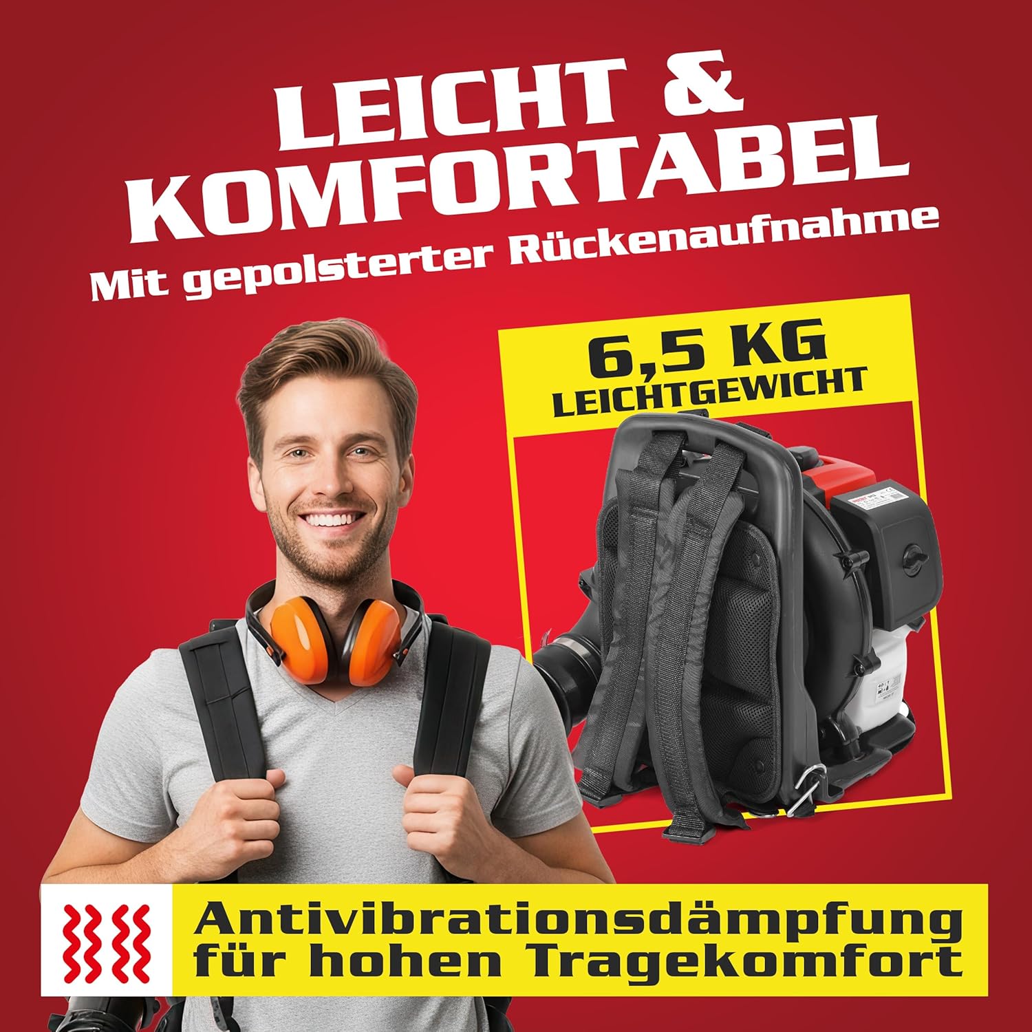 HECHT Benzin Laubbläser 1,6 PS – 43cm³, bis 180km/h & 792m³/h – 6,5kg Leaf Blower/Laubgebläse mit Einfacher-Start & Antivibrations Rückenaufnahme