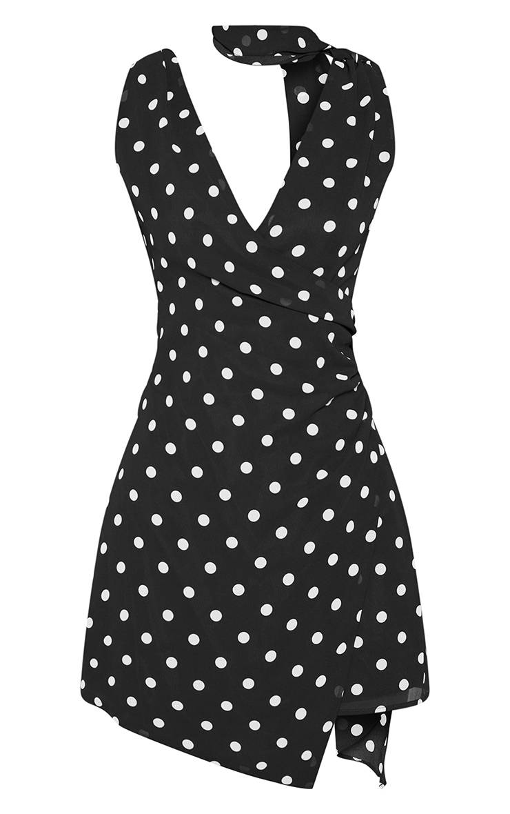 Noir Mini Robe En Mousseline À Pois Avec Détail Foulard