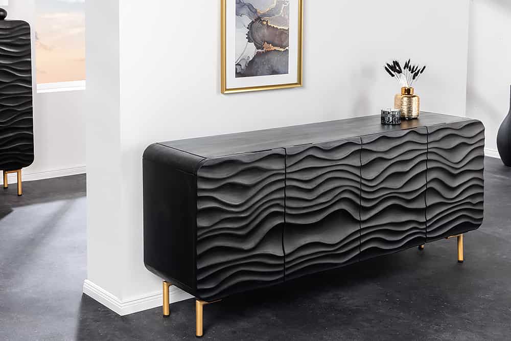 Design Sideboard WAVE 160cm schwarz Mangoholz Massivholz mattgold Metallbeine