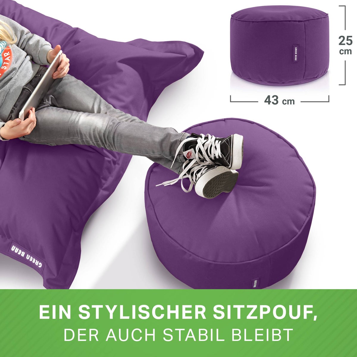 Groene Bonen Zitzak Kruk 45x25cm met EPS-korrelvulling - Voetenbank Voetkussen Zitpoef voor Zitzakken - Vloerkussen voor Kinderen en Volwassenen - Voetsteun Zitkussen Zitkruk Paars