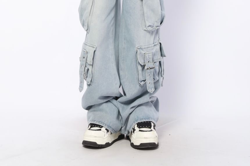 AXEN - Mid Rise Washed Buckled Wide Leg Cargo Jeans