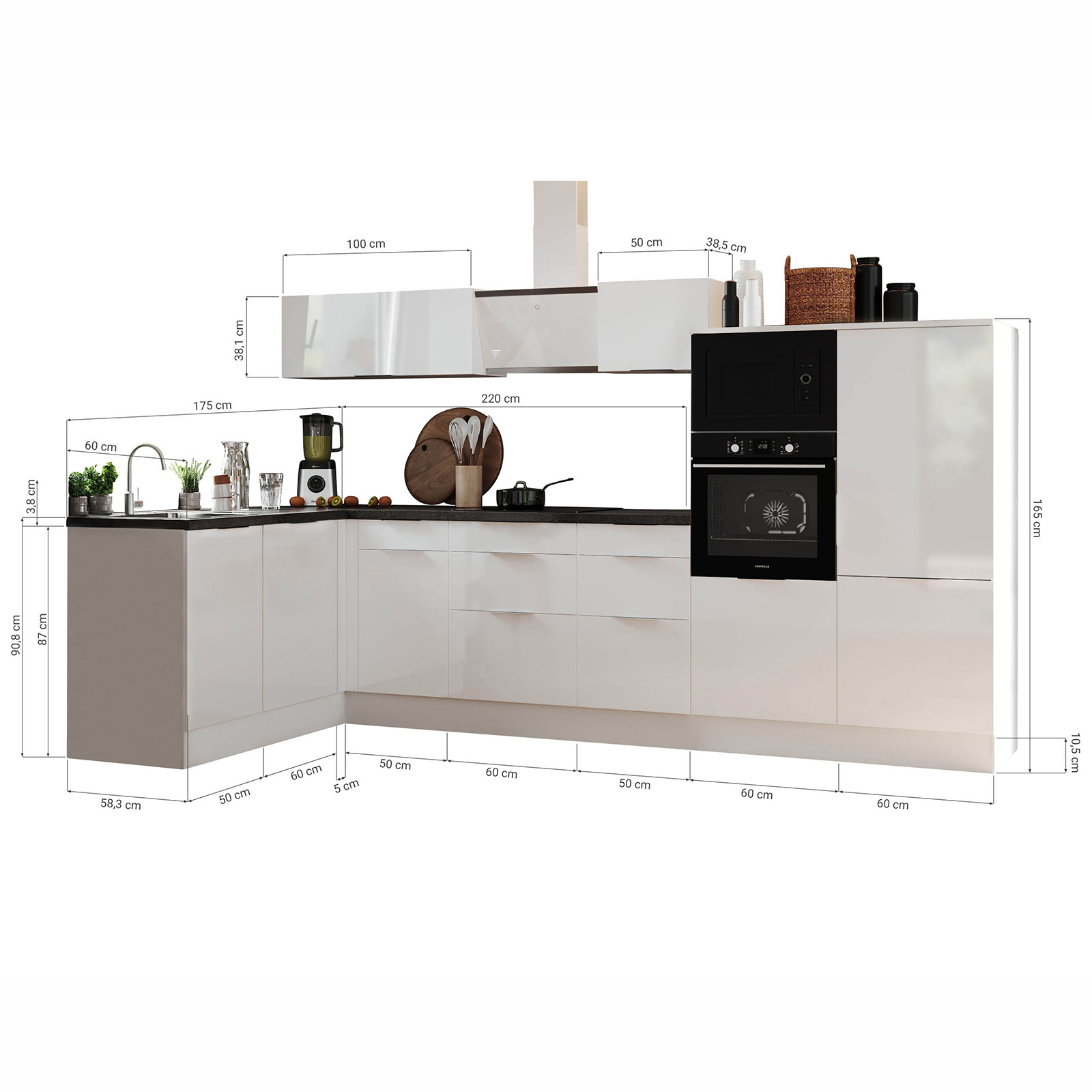 RESPEKTA Winkelküche - Artisan Eiche - grau matt - mit E-Geräten - 340x175 cm