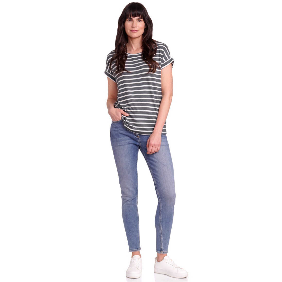 Gina Benotti Damen T-Shirt mit fixierten Turn-ups grau / weiss
