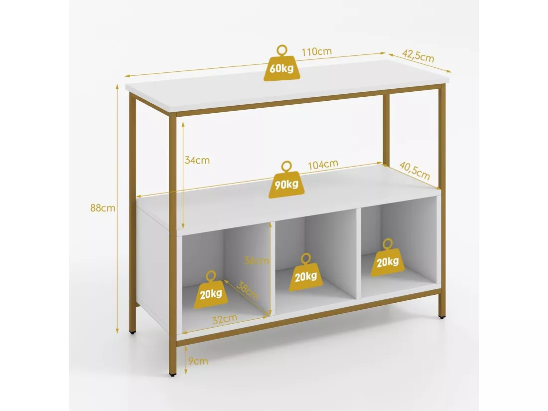 Buffet cuisine, meuble bas cuisine 3 compartiments, 2 étagère, 110 x 42,5 x 88 cm (blanc)