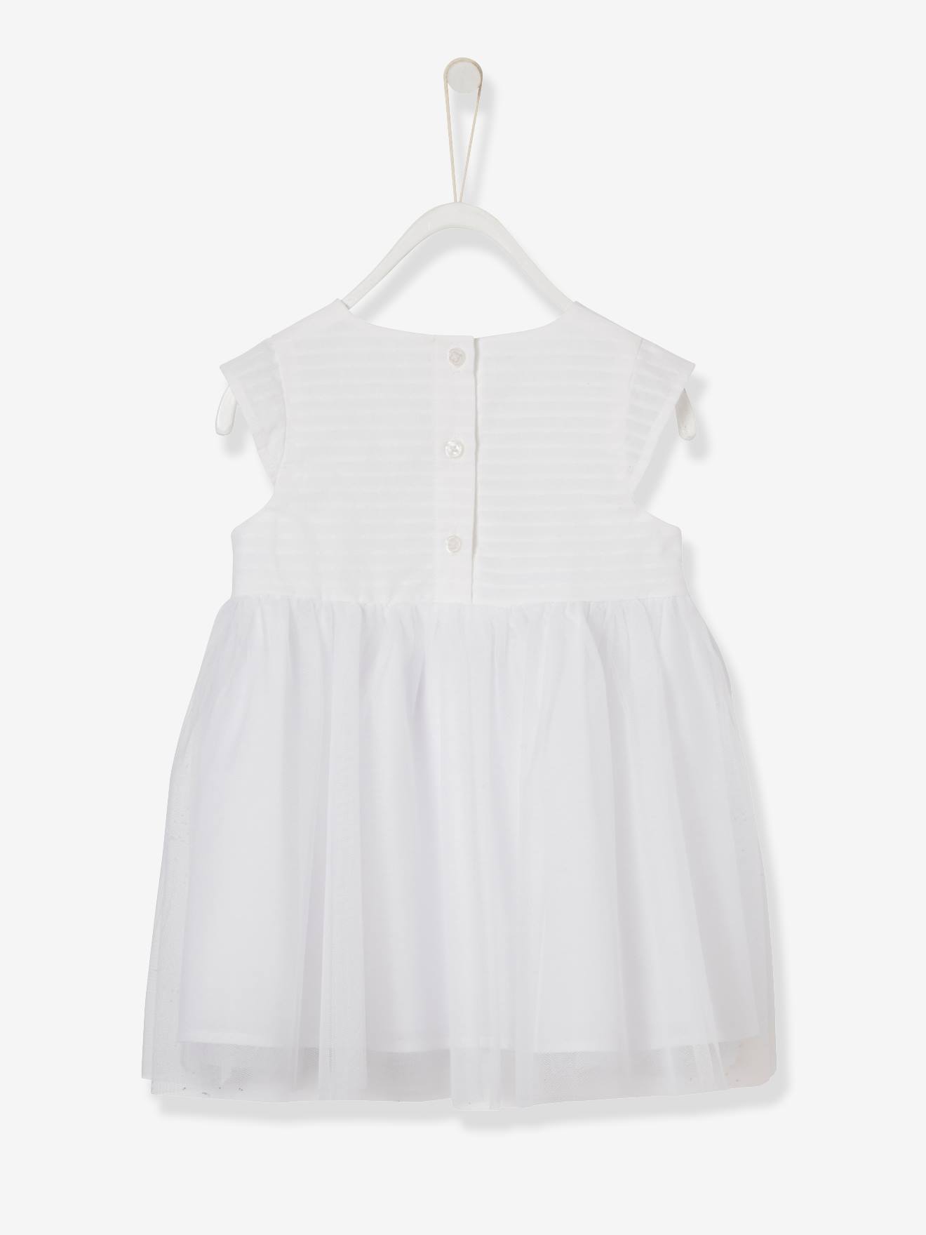 Vestido de tule branco claro e liso para cerimônia de bebê