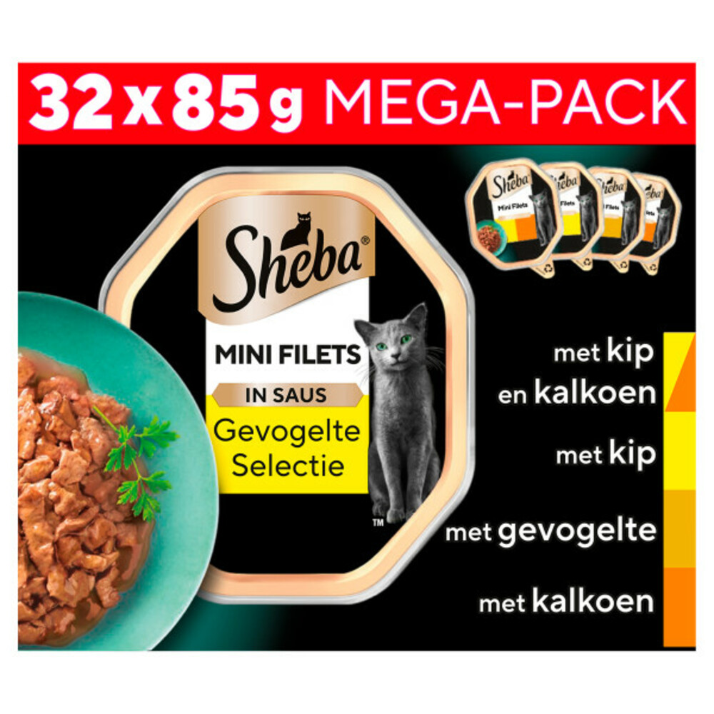Sheba Mini Filets Kattenvoer Natvoer Gevogelte in Saus Mega Pack Kuipjes32 x 85 gr