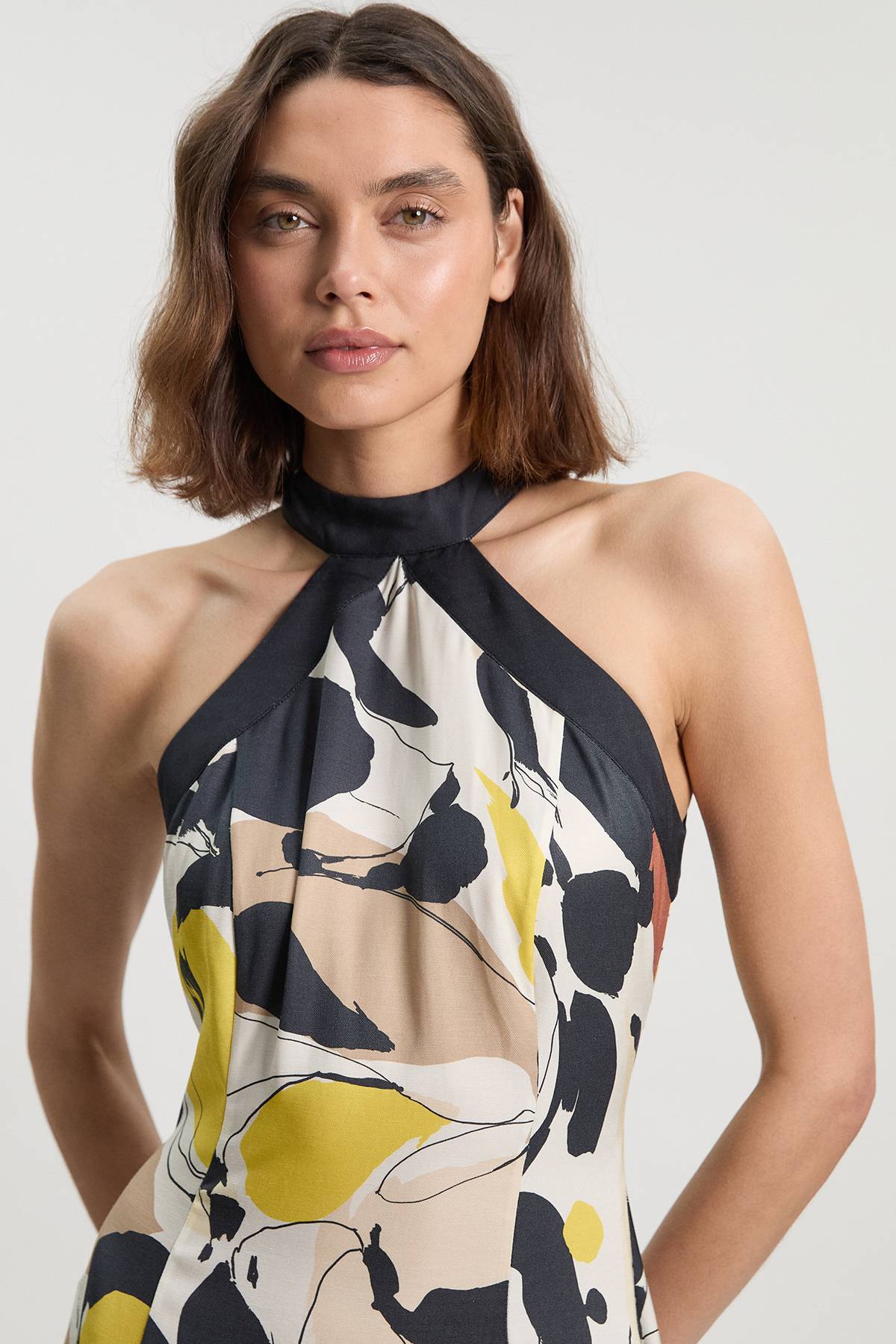 KarenMillen Robe Maxi Col Licou À Imprimé Abstrait En Lin Viscose Tissé