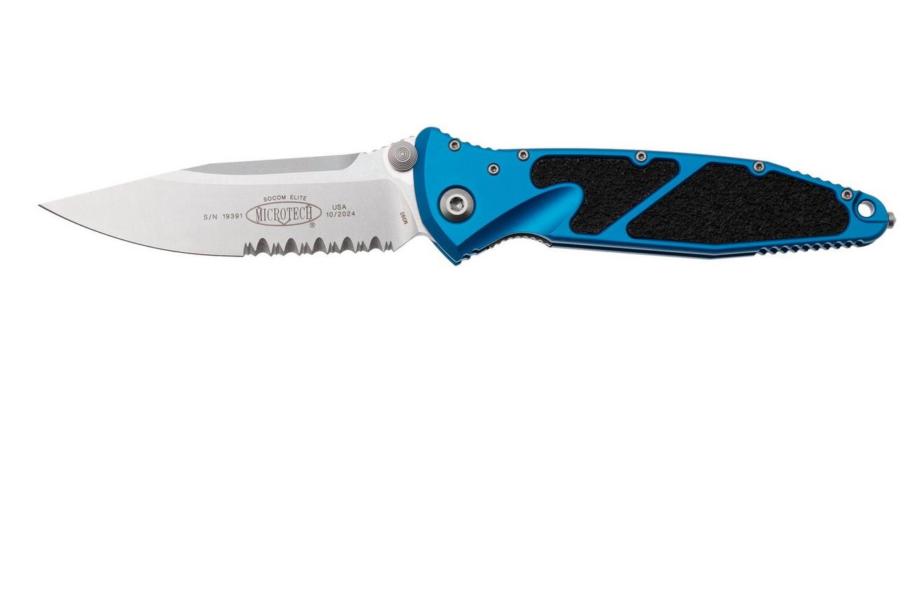 Microtech Socom Elite 160-11BL, Stonewashed M390 Clippoint, Blue Aluminum, partly serrated zakmes