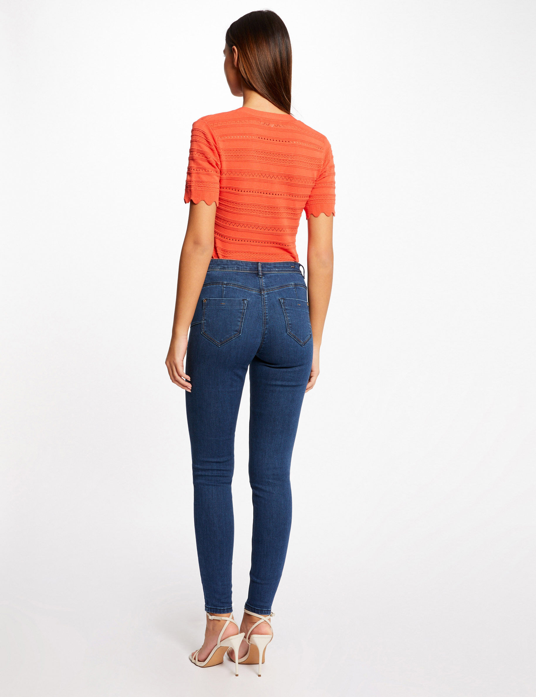 Pull manches courtes détails ajourés orange femme - orange