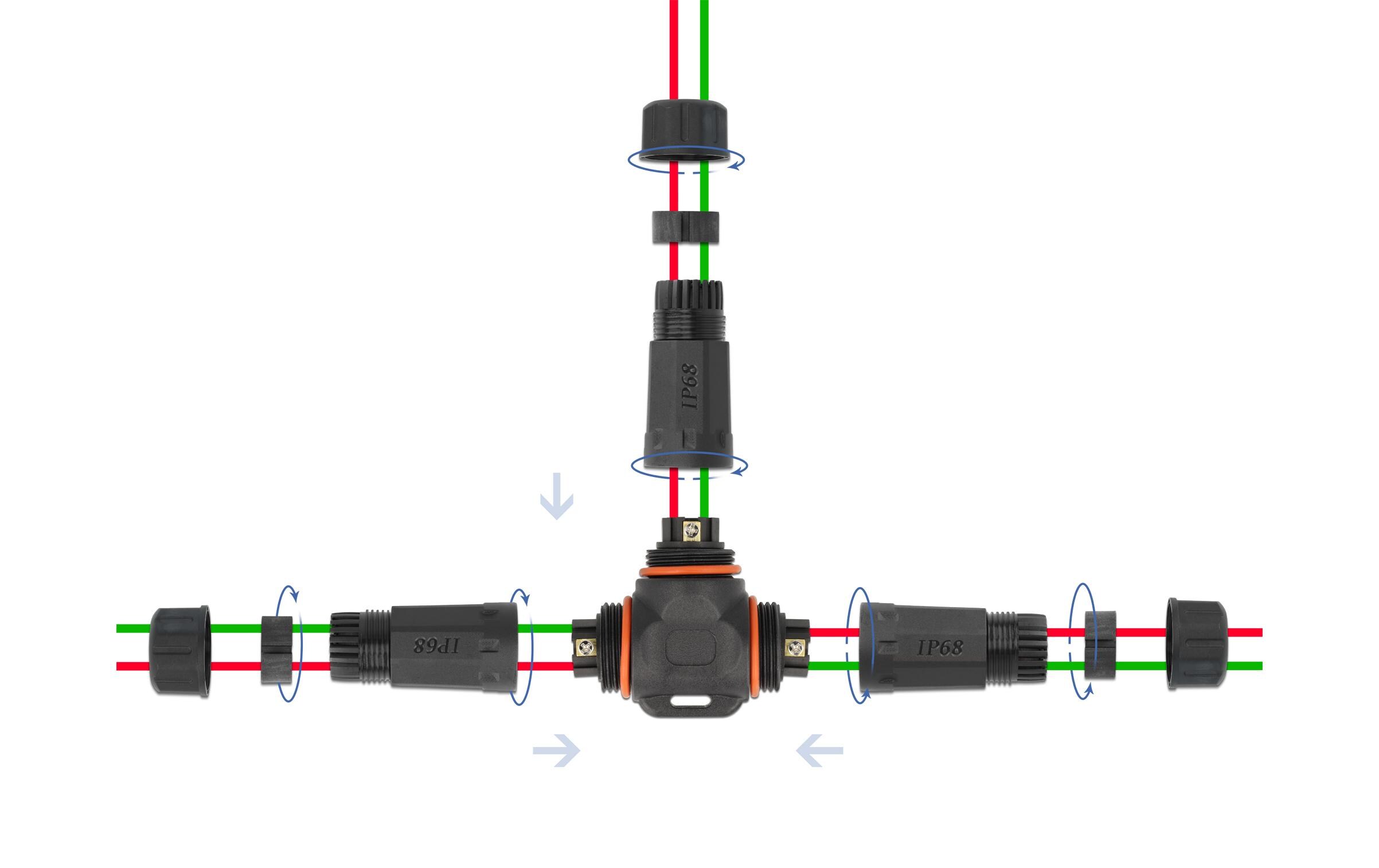 Verbindungsmuffe IP68, T-Stück, 2 Pin, 4.5 - 7.5 mm schwarzDelock Kabelverbinder T-Form für Aussenbereich 2 Pin, IP68 wasserdicht, schraubbar, Kabeldurchmesser 4.5 - 7.5 mm schwarz
