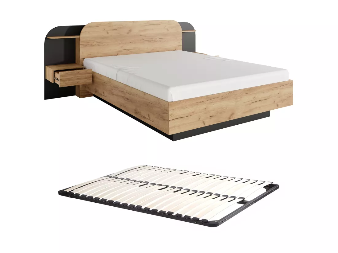 Lit avec chevets 160 x 200 cm - Avec LEDs - Coloris : Naturel et noir + Sommier - JUVISIA
