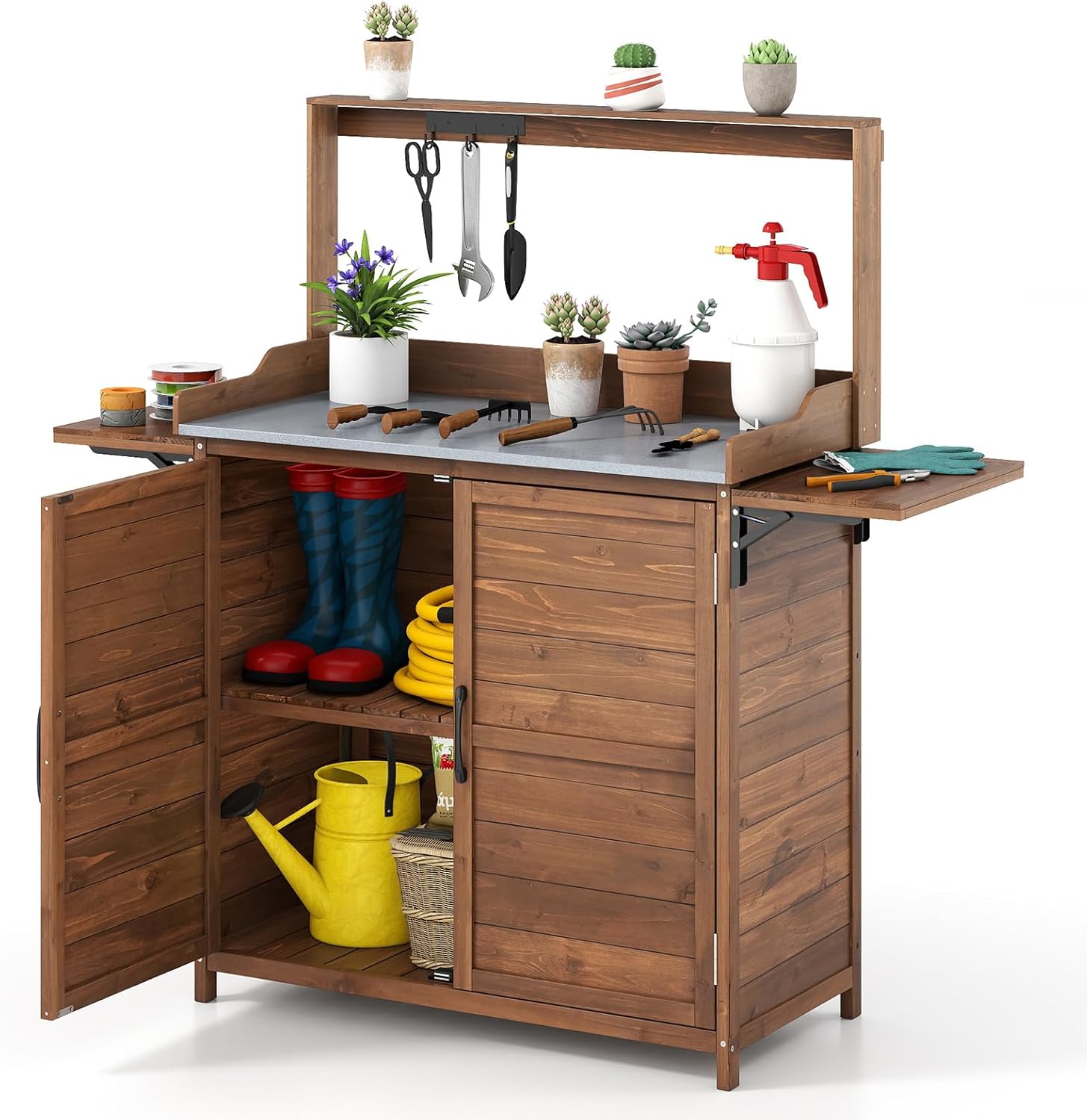 COSTWAY Pflanztisch Outdoor wetterfest, Gärtnertisch Holz, Blumentisch mit Unterschrank & verzinkter Arbeitsplatte & klappbarer Seitentische, Gärtnertisch für Garten Terrasse Hof, 138x47x128cm, Braun