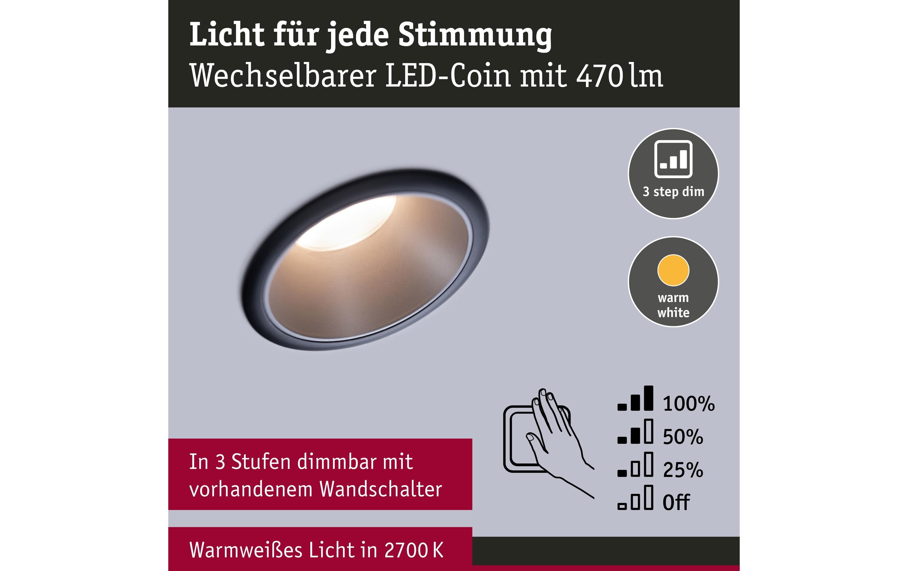 Einbauspot Cole Coin 3-Stepdim Set, 18W,2700K,Schwarz/SilberLED Einbauspot 3-Step-Dim Basisset