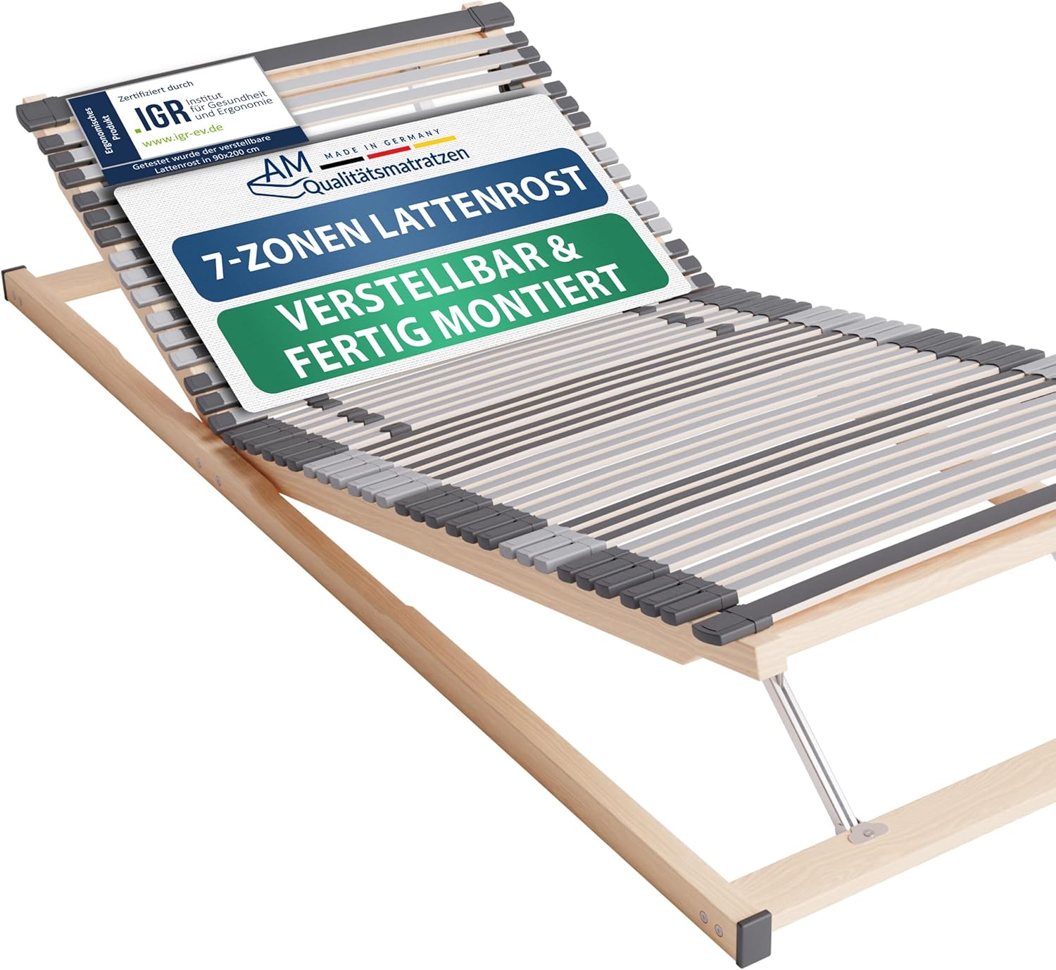 AM Qualitätsmatratzen 7 Zonen Lattenrost 90x200 verstellbar mit 44 Federleisten - Made in Germany - Verstellbarer Lattenrost 90x200 - Kopf und Fußteil - Holmabsenkung für Schulter und Becken