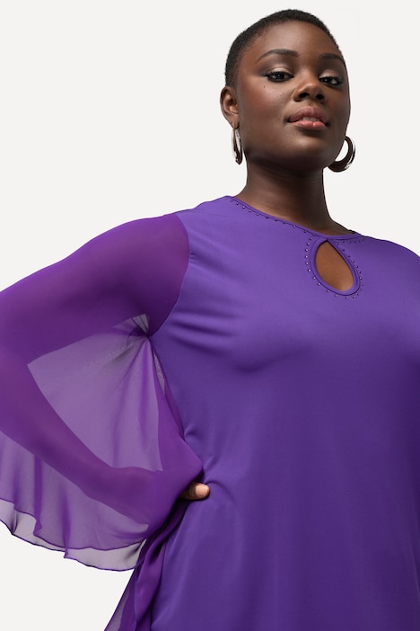 T-Shirt, Ziersteine, Rundhals, Chiffon-Flügelärmel