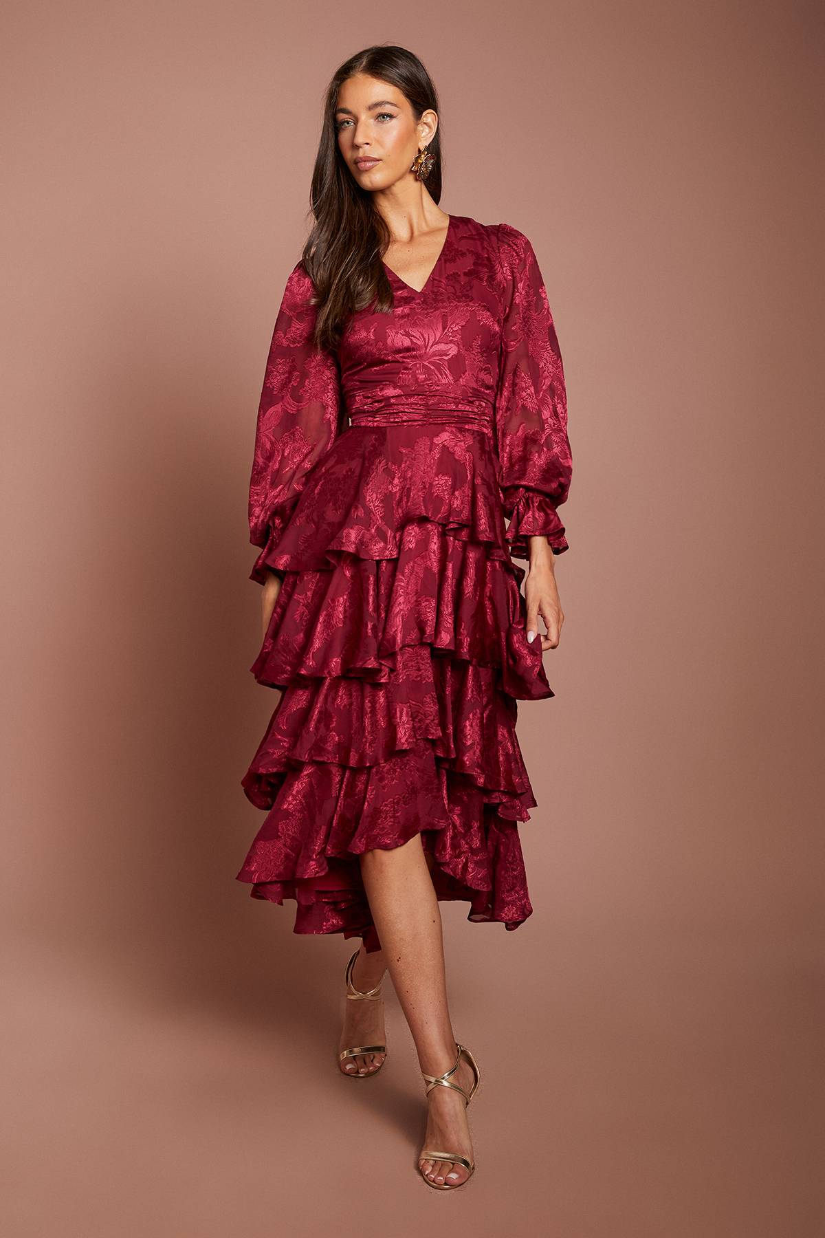 Coast Robe Midi À Manches Bouffantes Étagées En Satin Jacquard