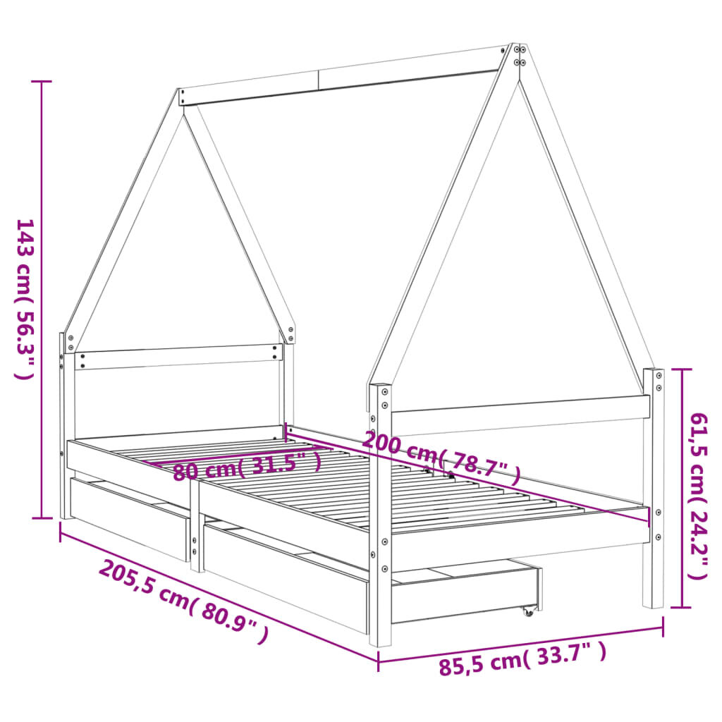 vidaXL Kinderbedframe met lades wit 80x200 cm grenen