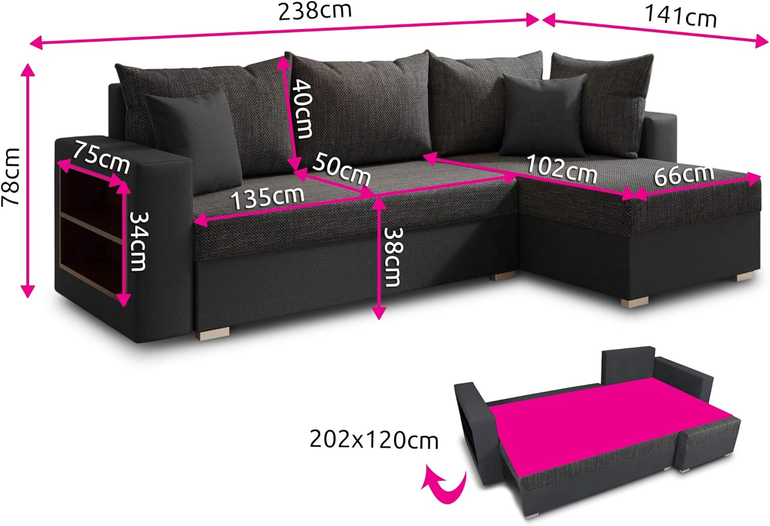 Ecksofa Lord mit Regal und Schlaffunktion - Sofa mit Bettkasten, Schlafsofa, Polsterecke, Couch L-Form, Couchgarnitur, Sofagarnitur (Schwarz + Grau (Dolaro 08 + Berlin 01), Ecksofa Rechts)