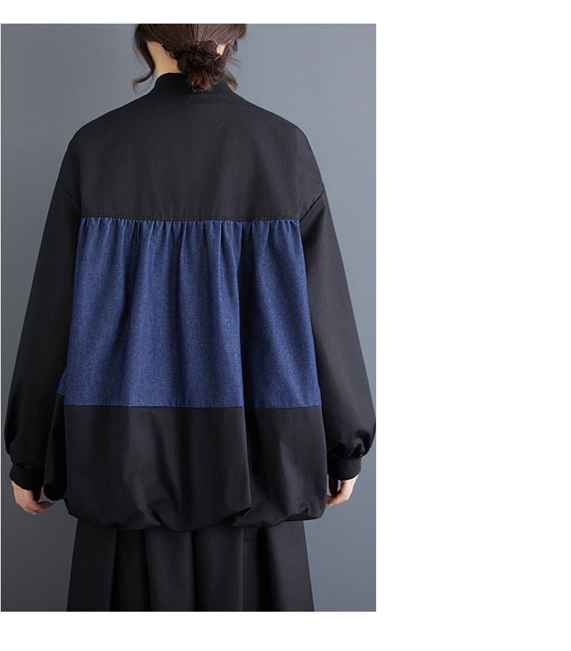 Lewwe - Tweekleurige denim bomberjack met rits