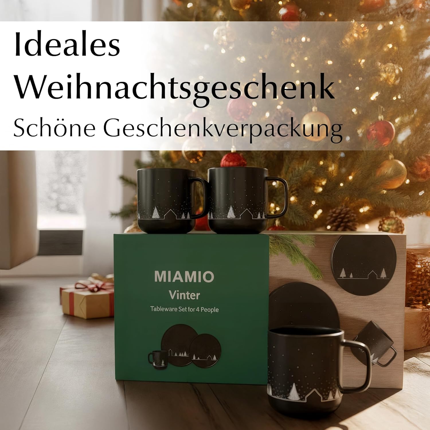 MIAMIO – Weihnachtsgeschirr 8 Personen / 24-teiliges Keramik Geschirrset schwarz matt für Weihnachten Winter – Schneelandschaft Motiv/Mikrowellen- und Spülmaschinengeeignet – Vinter Kollektion