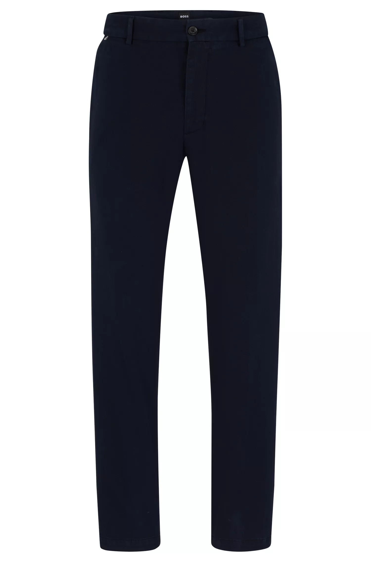 Calça BOSS preta de corte regular em sarja de algodão stretch bicolor.