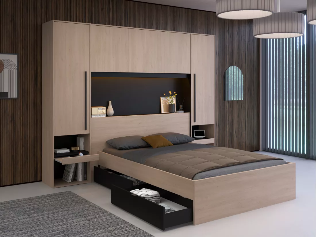 Lit pont 140 x 190 cm avec rangements - Avec LEDs - Coloris : Naturel et noir - VELONA