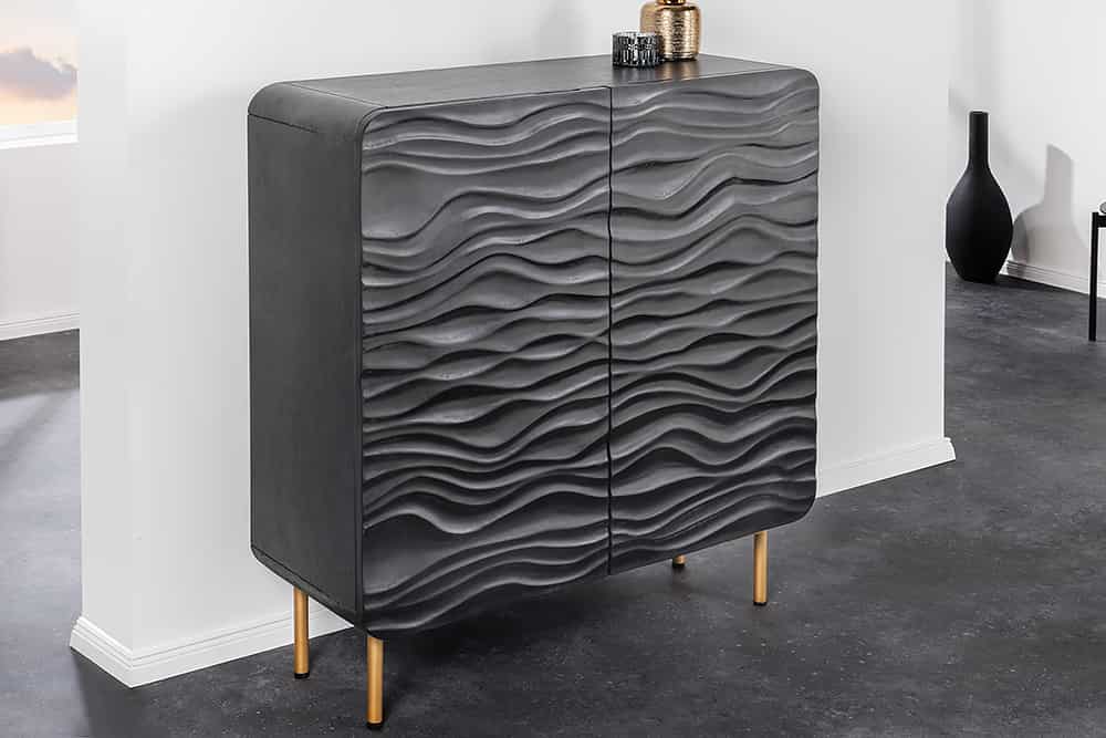 Design Highboard WAVE 120cm schwarz Mangoholz mit 3D Schnitzereien mattgold Metallbeine