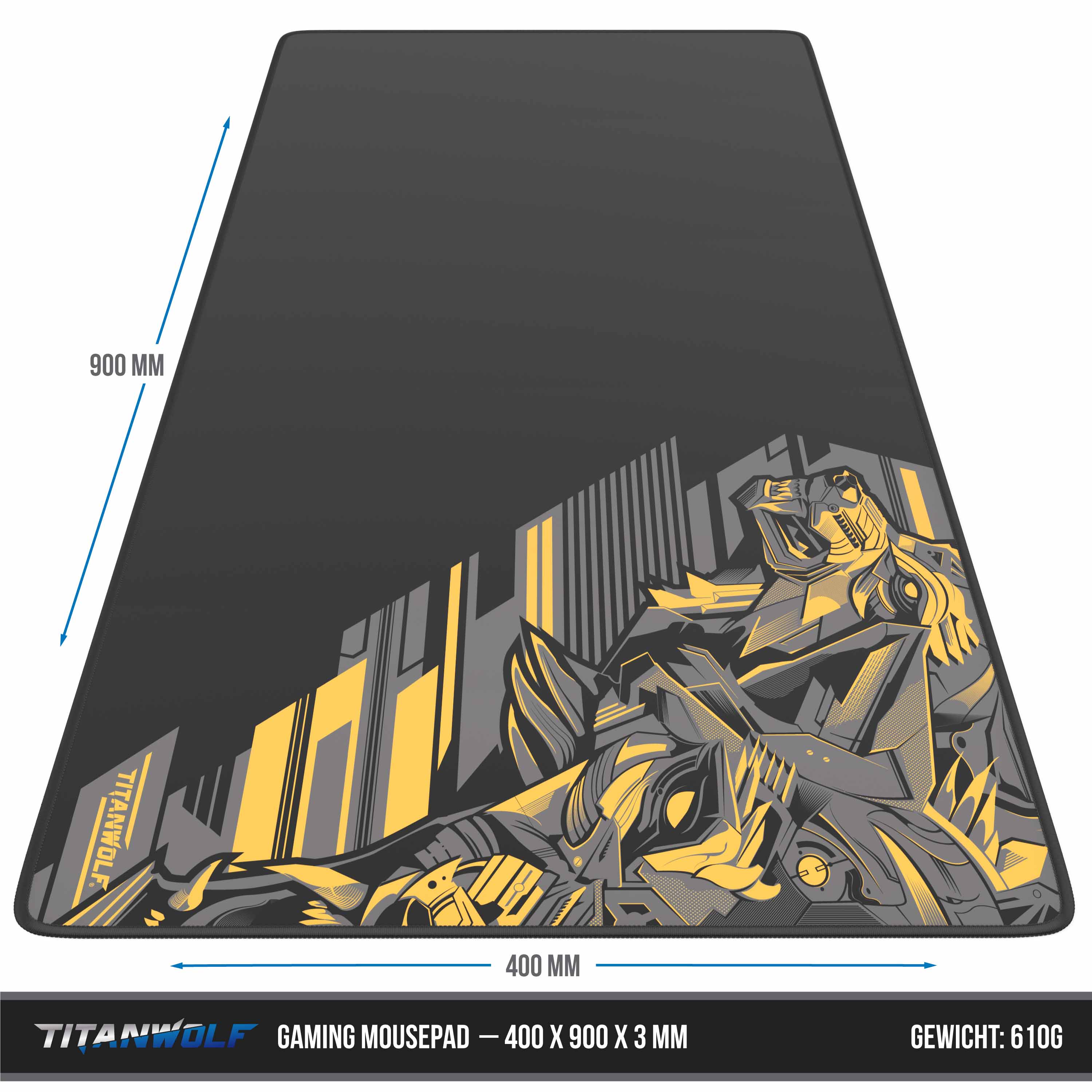 Titanwolf Gaming Mauspad XXL, glattes Stoffgewebe, Speed Mousepad 900 x 400mm große Fläche, Vector Gelb